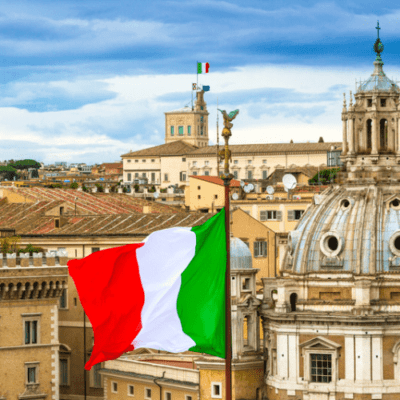 Image of Italy with the Italian flag at the forefront.