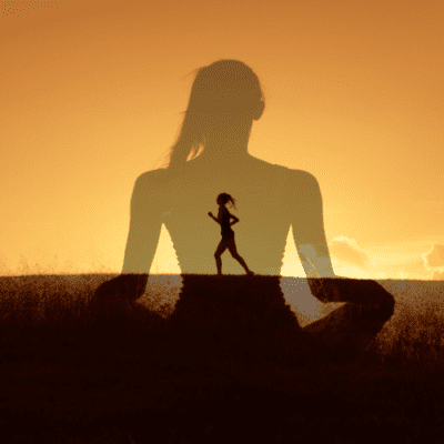 Female sat in lotus pose with backdrop of female running.